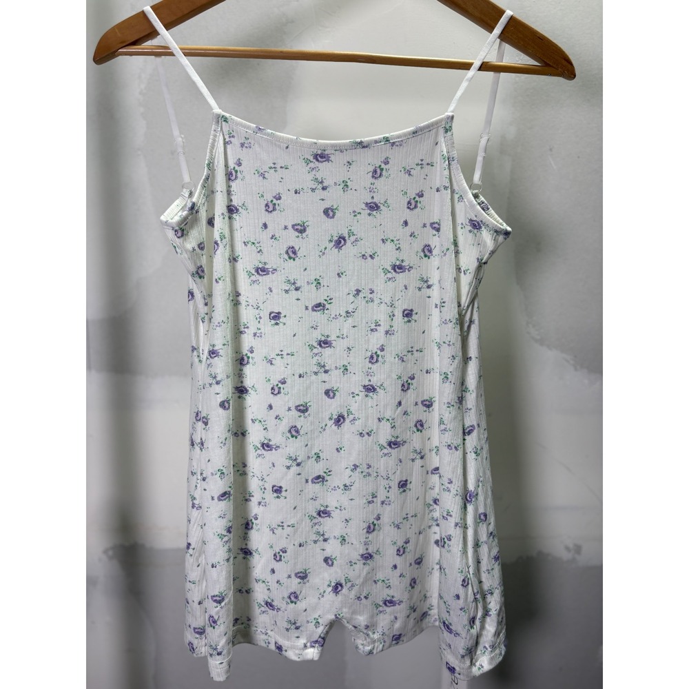 Dazy Women White Purple Floral Ribbed Romper Spaghetti Strap Snap Crotch XL NEW